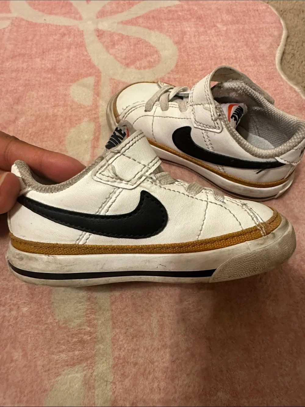 Nike Kids White Sneakers with Black Swoosh and Tan Trim